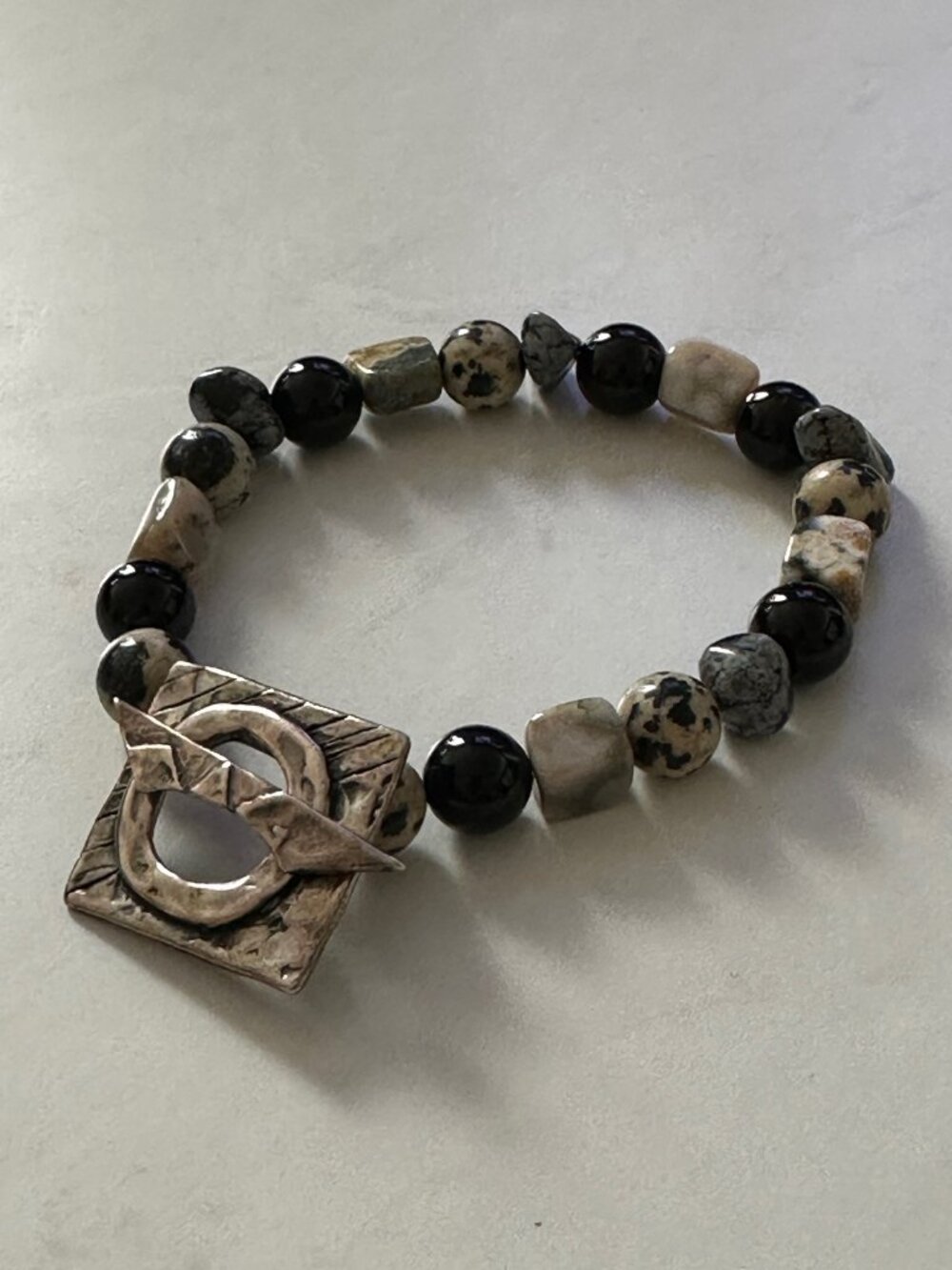 Boho Earthy Gemstone Bracelet | Hammered Silver Toggle Clasp | Boutique Find - Picture 2 of 6